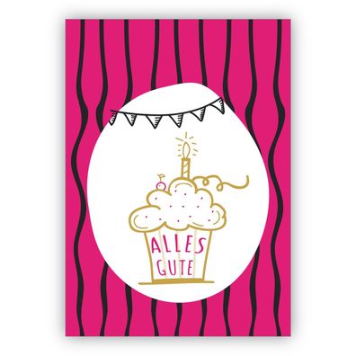 4x Fröhliche Glückwunschkarte, Geburtstagskarte mit Muffin und Kerze: Alles Gute