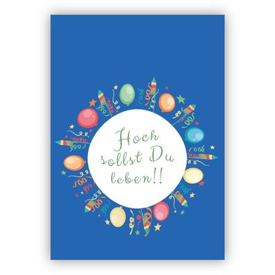 4x Lustige Kinder Glückwunschkarte, Geburtstagskarte mit Ballons und Raketen, blau: H