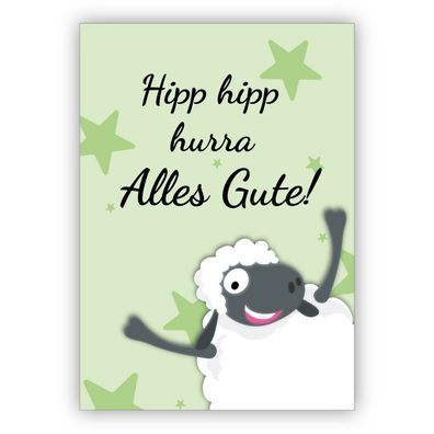 Humorvolle Grußkarte, Geburtstagskarte mit Schaf, grün: Hipp hipp hurra Alles Gute!