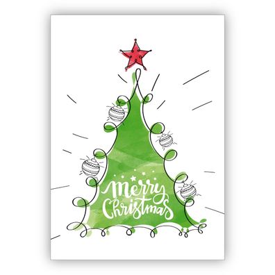 4x Wunderschöne Weihnachtskarte mit illustriertem Weihnachtsbaum: Merry Christmas