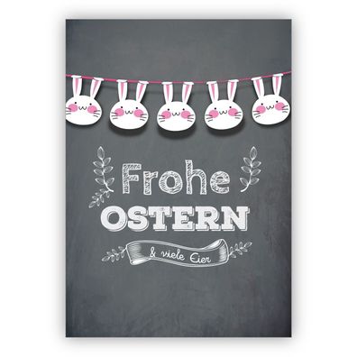4x Fröhliche Osterkarte im Tafel Look mit Hasen Girlande "Frohe Ostern" & viele Eier