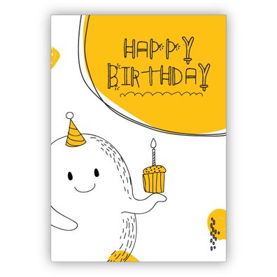 Süße Geburtstagskarte mit kleinem Monster und Muffin nicht nur für Kinder "Happy Birt