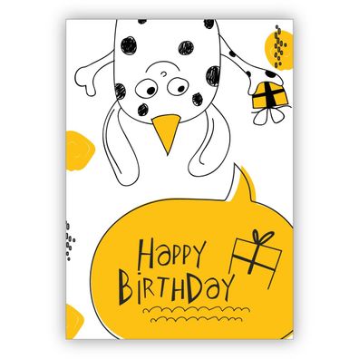 Lustige Geburtstagskarte mit kleinem Monster und Geschenk nicht nur für Kinder "Happy