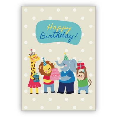 4x Fröhliche Geburtstagskarte mit süßen Zoo Tieren nicht nur für Kinder: Happy Birthd