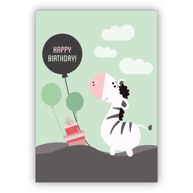 4x Süße Geburtstagskarte mit Zebra und Luftballons nicht nur für Kinder: Happy Birthd