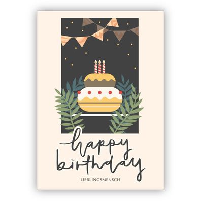 4x Elegante klassische Geburtstagskarte mit Torte: Happy Birthday Lieblingsmensch