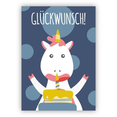 4x Märchenhafte Einhorn Geburtstagskarte, blau: Glückwunsch!
