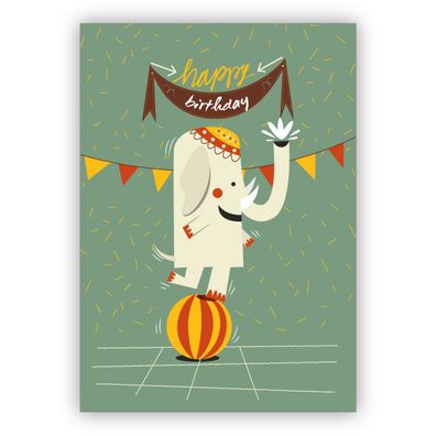 4x Süße Retro Geburtstagskarte mit buntem, balancierendem Zirkus Elefanten: Happy Bir