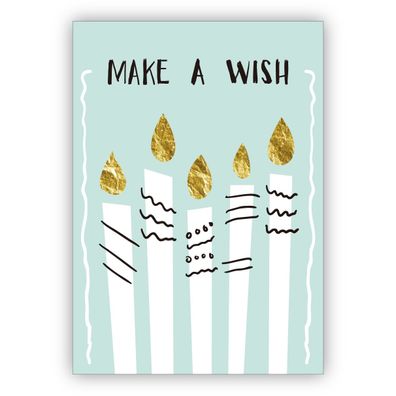 4x Schicke türkise Geburtstags Glückwunschkarte mit Kerzen: Make a wish