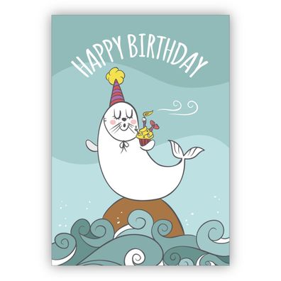4x Komische Geburtstagskarte mit dicker weißer Robbe mit Partyhut und Kuchen: Happy B