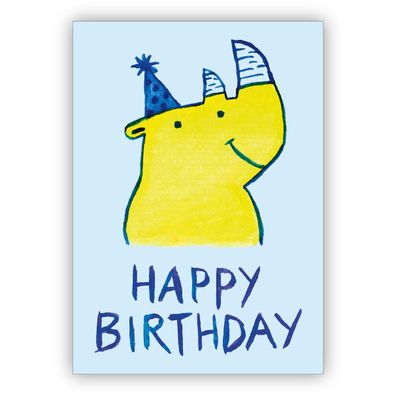 4x Lustige Geburtstagskarte mit gemaltem Party Nashorn: Happy Birthday