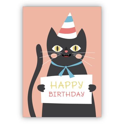 4x Komische Geburtstagskarte mit frecher schwarzer Katze im Partyhut: Happy Birthday