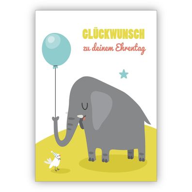 4x Tolle Geburtstagskarte mit gratulierendem Elefant und Luftballon mit kleiner Taube