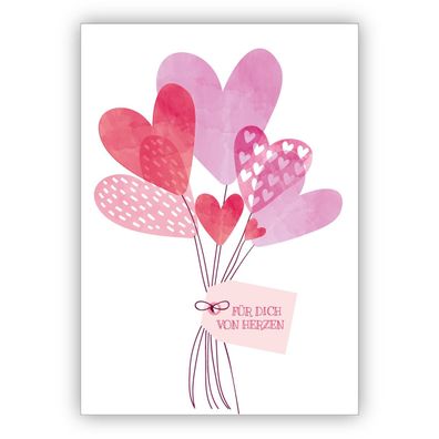 4x Liebevolle Grußkarte mit einem Strauß voller Herzballons: Für dich von Herzen