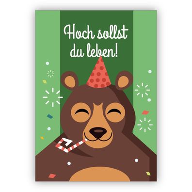4x Lustige Geburtstagskarte mit Bär und Partyhut: Hoch sollst du leben!