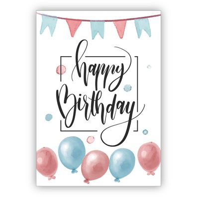4x Schicke Geburtstagskarte mit Wimpel und Ballons: Happy Birthday