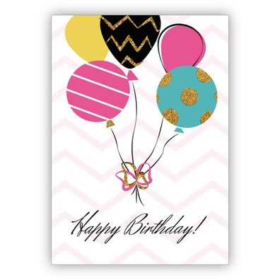4x Schöne grafische Geburtstagskarte mit kunter bunten Luftballons: Happy Birthday