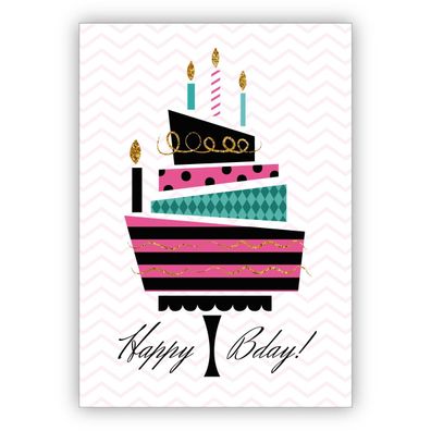 4x Coole Retro Designer Geburtstagskarte mit Vintage Torte: Happy Bday!
