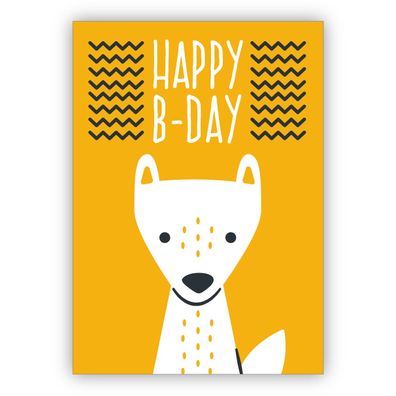 4x Süße gelbe Glückwunschkarte mit kleinem Retro Fuchs auch zum Geburtstag: Happy B-D