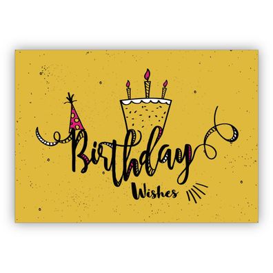 4x Schicke Retro Geburtstagskarte im Vintage stil mit Torte: Birthday Wishes