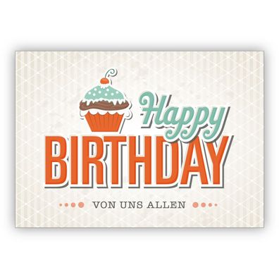 Schicke Retro Geburtstagskarte mit Muffin im Vintage Style: Happy Birthday von uns al