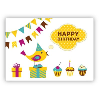 4x Süße Geburtstagskarte mit kleinem Party Vögelchen und Törtchen: Happy Birthday