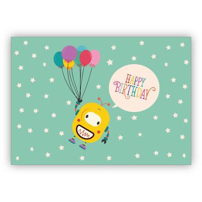 Niedliche Geburtstags Glückwunschkarte mit fliegendem Roboter an Luftballons auf Ster