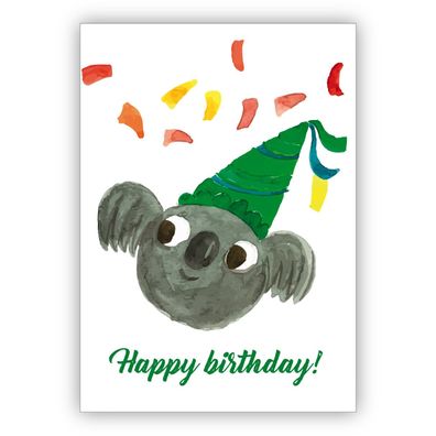 Lustige gemalte Geburtstagskarte mit Party Koala Bär und Konfetti als Glückwunsch für