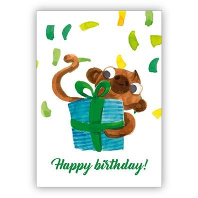 4x Coole gemalte Geburtstagskarte mit kleinem Affen und Geschenk und Konfetti: Happy