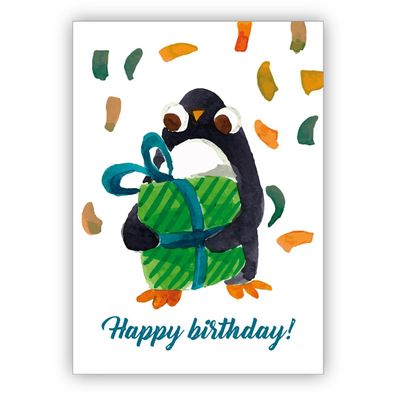 Nette gemalte Geburtstagskarte mit kleinem Pinguin und großem Geschenk: Happy birthda