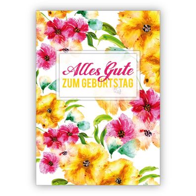 4x Wunderschöne frische Glückwunschkarte mit üppigen Blumen: Alles Gute zum Geburtsta
