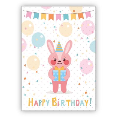 Süße bunte Geburtstagskarte mit Häschen Geschenk und Luftballons nicht nur für Kinder