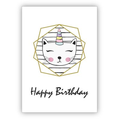 4x Coole Geburtstagskarte mit magischer Einhorn Katze im Diamant Rahmen: Happy Birthd