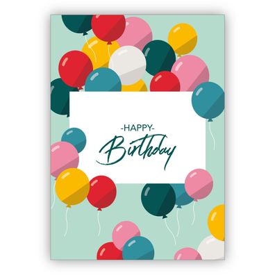 Fröhliche bunte Geburtstagskarte mit fliegenden Luftballons als Glückwunschkarte zum