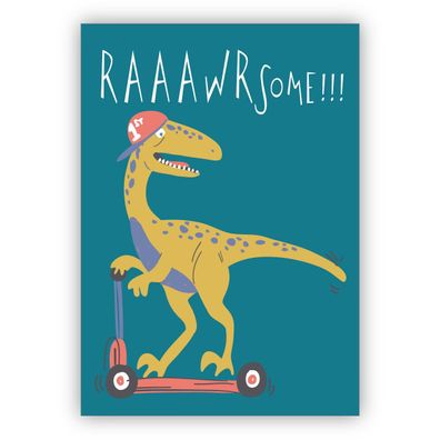 lustige Designer Geburtstagkarte, Geschenkkarte mit Dinosaurier auf Skateboard: Raaaw