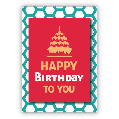 Schicke moderne, rot türkise Geburtstagskarte mit Geburtstagstorte auf Wabenmuster: H