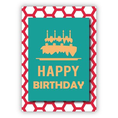 4x Schicke moderne, türkise Geburtstagskarte mit üppiger Geburtstagstorte auf rotem W