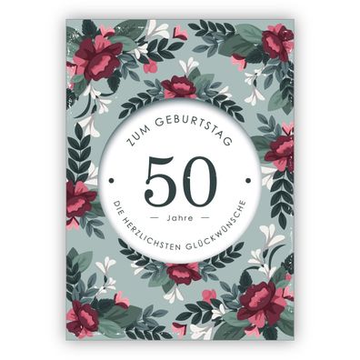 4x Elegante klassische Geburtstagskarte mit dekorativen Blumen zum 50. Geburtstag: 50
