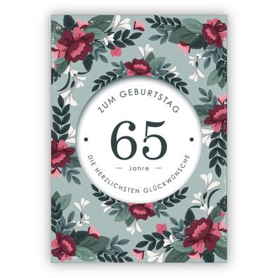 4x Klassische elegante Geburtstagskarte mit dekorativen Blumen zum 65. Geburtstag: 65