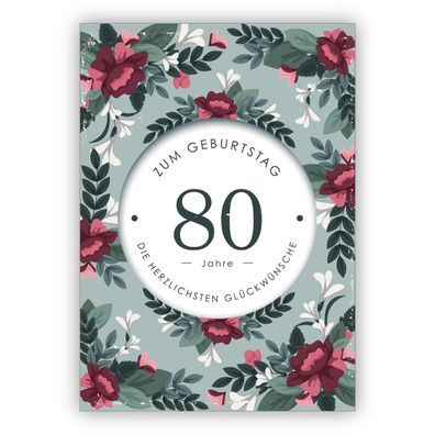 4x Feine elegante Geburtstagskarte mit dekorativen Blumen zum 80. Geburtstag: 80 Jahr