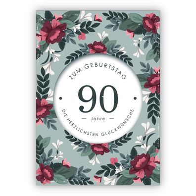 4x Schöne edle Geburtstagskarte mit dekorativen Blumen zum 90. Geburtstag: 90 Jahre z