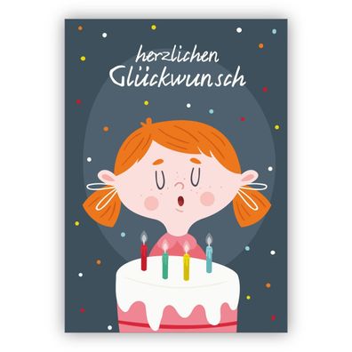 4x Niedliche Geburtstagskarte mit kleinem Mädchen, daß die Kerzen auf dem Geburtstags
