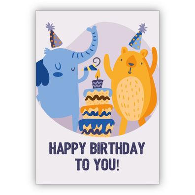 4x Lustige Geburtstagskarte mit Party Elefant und Jubel Bär mit Torte: Happy Birthday