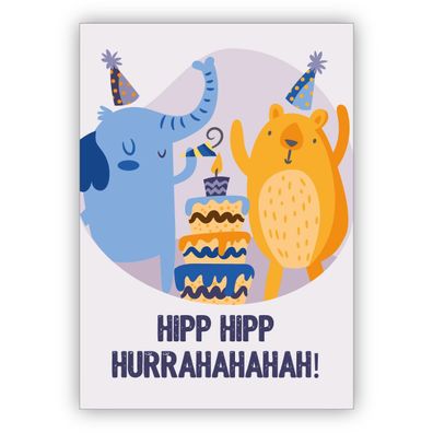 4x Süße Geburtstagskarte mit Party Elefant und Jubel Bär mit Torte: Hipp Hipp Hurraha