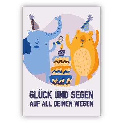 4x Niedliche Geburtstagskarte mit Party Elefant und Jubel Bär mit Torte: Glück und Se