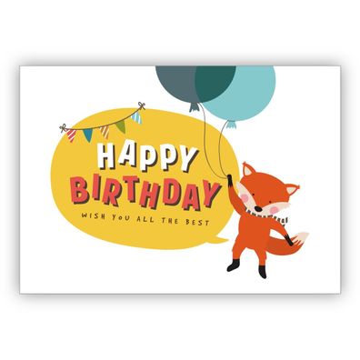 Süße Geburtstagskarte mit fliegendem Fuchs an Ballons: Happy Birthday wish you all th