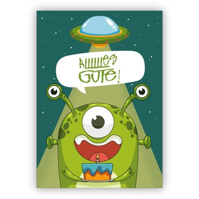 4x Frische Geburtstagskarte mit außerirdischem Monster und Ufo: Allllllles Gute!