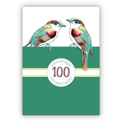 4x Wunderschöne klassische Geburtstagskarte zum 100. Geburtstag mit Vögeln in grün: 1