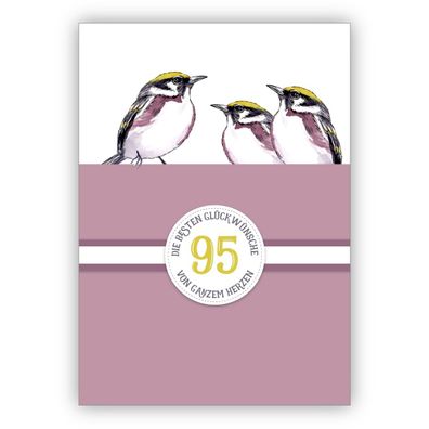 4x Edle klassische Geburtstagskarte zum 95. Geburtstag mit schönen Vögeln in lila: 95