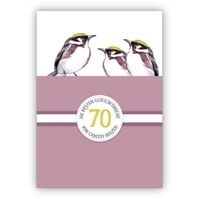 4x Elegante klassische Geburtstagskarte zum 70. Geburtstag mit schönen Vögeln in lila